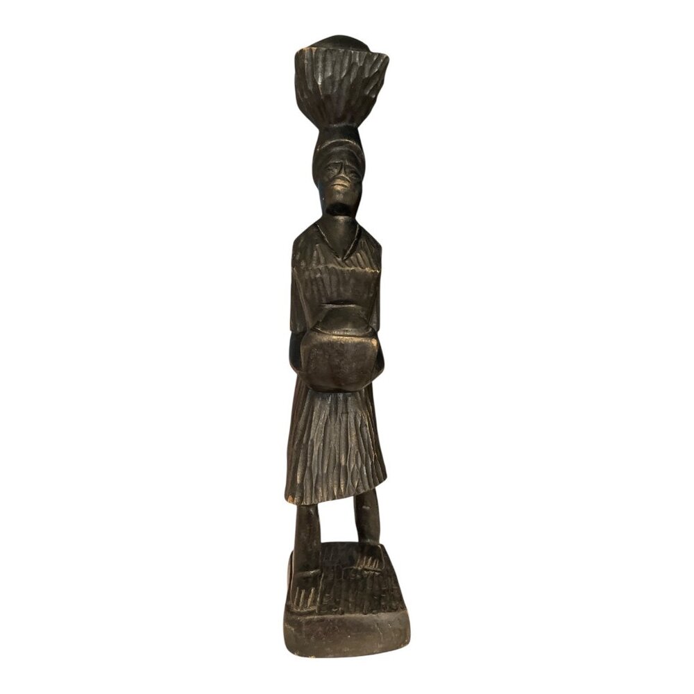 Vintage African Hand-Carved Wood Female Figure – 13.5" Tribal Woman Statue with